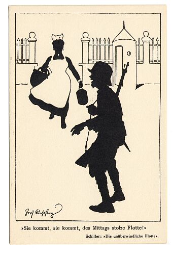 Postkarte Silhouette Sch�npflug Milit�r